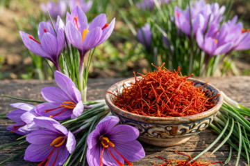 Bowl of saffron threads surrounded by purple crocus flowers