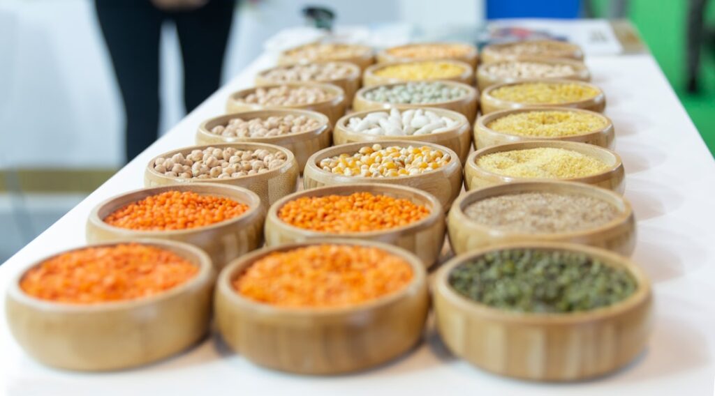 Rows of wooden bowls filled with lentils, chickpeas, and mixed legumes — GOS and resistant starch prebiotic food sources
